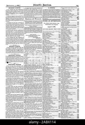 4. SEPTEMBER 1886. Technische Erfindungen. . Mechanischer Erfindung. Landwirtschaftliche Erfindung. Sonstiges Erfindungen. Für Erfinder. INDEX DER ERFINDUNGEN, für die Buchstaben Patent in den Vereinigten Staaten gewährt wurden. 17. August 1886 UND JEDES LAGER, DASS DATUM., Scientific American, 1886-09-04 Stockfoto