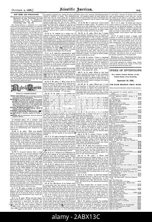 Neue BÜCHER UND PUBLIKATIONEN. INDEX DER ERFINDUNGEN, für die Buchstaben Patent in den Vereinigten Staaten gewährt wurden und jedes Lager, dass Datum., Scientific American, 1886-10-02 Stockfoto