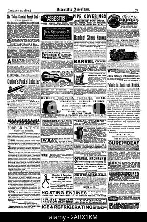 D. (statt.) Sekretär des Franklin Institute Plat & aphis Autor von "Gaivanoplastic Manipulationen." lustrated durch 78 Stiche in einem Band mehr als 500 Seiten der Welt. Adresse. . HENRY CAREY BAIRD & Co. Industrielle Verleger Buchhändler traurig Importeure 0 Walnut St Philadelphia Pa E.8. A. Adresse: Die amerikanischen Schreiben Machine Co. Harbin Com:, Scientific American, 1887-01-29 Stockfoto