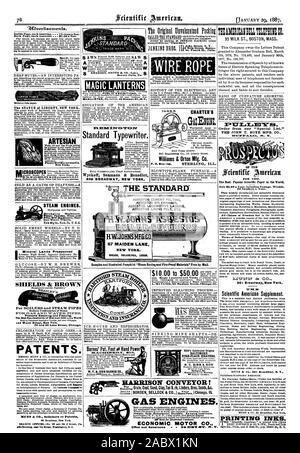 Einzelne Benutzer von Telefonen nicht durch Sie selbst oder durch seine Lizenznehmer, der die Verantwortung für diese rechtswidrige Nutzung und alle Folgen davon und haftet hierfür an Ed. Für 1887. Die populärsten wissenschaftlichen Papier der Welt. Um es in einer attraktiven Form vermeiden so viel wie Mt.71 TIT dc CO361 B Fahrbahn New York vorhanden. Scientific American Supplement. Tim SCIENUIFIO AMERIKANISCHEN. Aber ist uni Form damit MUNN dz Co 361 Broadway N.Y. an ausländische Teilnehmer. - Unter die Einrichtungen von Al per Post oder Express oder Entwurf zur Bestellung von 1 €. Um unsere "besondere Liste." Die JOHN T. HINWEIS MFG. CO Stockfoto