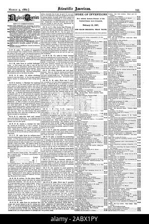 INDEX DER ERFINDUNGEN, für die Patentschriften der Vereinigten Staaten am 15. Februar 1887 und jedes Lager, dass Datum., Scientific American, 1887-03-05 gewährt wurden Stockfoto