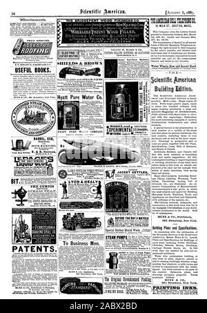 E. W. TOEITS II 1'0 CO.87 MAIDEN LANE N.Y. Nützliche Bücher. MUNN & Co 361 Broadway New York. Preis reduziert. BUFFAL N.Y. kalten Medaillen. Die CURTIS ZURÜCK ST=. 41-1 VX TRAP. BOSTON, Mass. BARREL FASS Hogshead DAUBE MASCHINEN. Die bridgeport Holz FL SH G C BESTE und Bell. Schirme & Braun für Kessel und DAMPFLEITUNGEN verhindert das Schwitzen und Frieren. Die besten Non-Con dactor von Wärme aod Kalt. Die Welt 143 Wert Street New York. 78 und 80 Lake Street Chicago. HYATT PURE WATER COMPANY verschiedene Stile. Katalog kostenlos. LYON & HEALY STAAT & MONROE STS CHICAG VOIfi MAHER & GROSII 40 S Street Toled Ohio Stockfoto