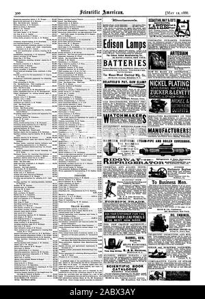 Dampf. und 9.4Bvertieernenfe. Inside Seite jedem Einfügen 75 Cent pro Zeile. Zurück Seite Einfügungen .00 eine Linie. Edison Lam die Edison United Manufacturing Co 65 FIFTH AVENUE IN NEW YORK. Batterien 56 Myrtle Avenue Brooklyn, N.Y. DELAFIELD PAT. Säge Klemmung NOROTON MFG. Werke Noroton Anschl. Whitcomb Drehmaschine Webster Fuß. Regierung ZUCHT FÜR MAGNESIA SCHNITT DAMPF-ROHR UND KESSEL. "Die MAGNESIA SCHNITT Für Co.PHILADELPHIA. Lokale Agenten überall wollte., Scientific American, 1888-05-12 Stockfoto