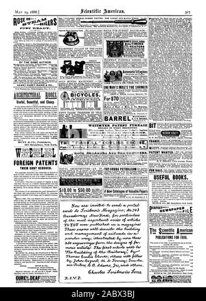 HENRY CAREY BAIRD & Co. Nützlich, Schön und billig. MUNN & Co Verlage 361 Broadway New York. Ausländische Patente die Kosten reduziert. Flüstert deutlich gehört. Komfortable unsichtbar. Bildband & Proof. Kostenlos. Addtem CUREthreDEAF tolle Kombination Fahrräder. A.W. 161 - EMP&CO Dayton. 0. Vorschläge für Stahl für den Einsatz im Konstruieren. Nehmen Sie die M. F. BRAUN Lytle Station. Texas. Nützliche Bücher. MUNN & Co 361 Broadway New York. Publikationen für 1888. WEITMYER PATENT OFEN KESSEL 01? Jeder Beschreibung. IDE Automatische Motoren Traktion und tragbaren Motoren ROCK BREAKERS UND ERZ BRECHERN. R M Stockfoto