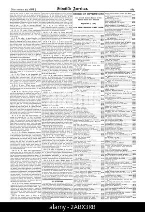 Für Erfinder. INDEX DER ERFINDUNGEN, für die Buchstaben Patent in den Vereinigten Staaten gewährt wurden und jedes Lager, dass Datum., Scientific American, 1888-09-22 Stockfoto