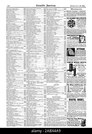 Verwenden Sie UNVERRÜCKBAR WANDPUTZ SEBASTIANMAYS 6 CO ARTESISCHEN THOMPSON VERBESSERTE ANZEIGE ÖL GUT SUPPLY CO. LTD. nützliche Bücher. MUNN & CO 361 Broadway New York. Patent Fuß macht Maschinen arbeitssparenden Maschinen Seneca Falls Mfg. Co. Es ist hart, dicht und unverrückbar MFG. Co.71 E.Genesee Street Syracuse N. V. 2000 im Einsatz. POP SICHERHEITSVENTILE DAMPF MANOMETER ETC. 91 & 92 WATER STREET Pittsburgh. Pa 1. t. rr EiSIZA 1 V17 f7 EILLES, Scientific American, 1889-02-16 Stockfoto