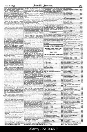 Für Erfinder. INDEX DER ERFINDUNGEN, für die Buchstaben Patent in den Vereinigten Staaten gewährt wurden und jedes Lager, dass Datum., Scientific American, 1889-06-08 Stockfoto