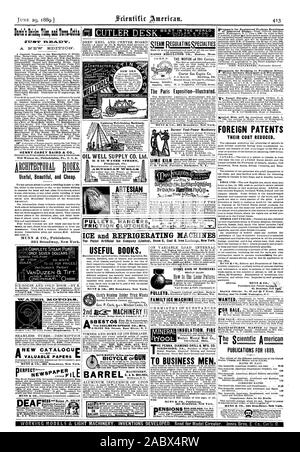 Neue Ära ÖL GUT SUPPLY CO. LTD. MASON REGLER. Co Boston Mass der Pariser Ausstellung - dargestellt. MUNN & Co 361 Broadway New York. Die Isolierung Feuer Cleveland, Ohio. MINERAL ER PENNA. DIAMOND DRILL & MFG. Co. B B 0 GESCHÄFT MIR MUNN & CO Verleger Vorschläge für Baggerarbeiten in Penobscot River ausländische Patente die Kosten reduziert. RA PUBLIKATIONEN FÜR 1889. 1 TM'cirsT MDITIOZT HENRY CAREY BAIRD & Co. Nützlich, Schön und billig. Bing hamton Hydraulische KOPF FASS MASCHINEN. Nützliche Bücher. Der CHALMERS - SPENCE CO. mfrs. 91 & 92 WATER STREET Pittsburgh PA. SIAM' VITIOIA 3 L M1 ARTESISCHEN und Öl gut Supply Co Stockfoto