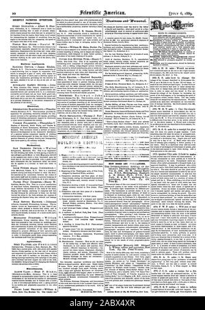 Vor kurzem patentierten Erfindungen. Engineering. Railway Appliances. Elektrische. Mechanisch. Landwirtschaftliche. Verschiedenes. Neue BÜCHER UND PUBLIKATIONEN. SCIENTIFIC AMERICAN GEBÄUDE EDITION. Juli Anzahl.- (Nr. 45.), 1889-07-06 Stockfoto