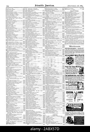 DESIGNS. Marken. "Ein. ibrerfioentertfs. Inside Seite jedem Einfügen 75 Cent pro Zeile. Zurück Seite jedem Einfügen - 1.00 eine Linie. ADAMANT MFG. Co.71 E.Genesee Straßen Syracuse N. T. VERWENDEN ADAMANT WANDPUTZ Patent Fuß macht Maschinen LA BO SPEICHERN Maschinen Seneca Falls Mfg. Co. das nötige GEKOMMEN IST! SEBASTIANMAY&CO EDISON LAMPEN LAMPE C N.J., Scientific American, 1889-09-28 Stockfoto