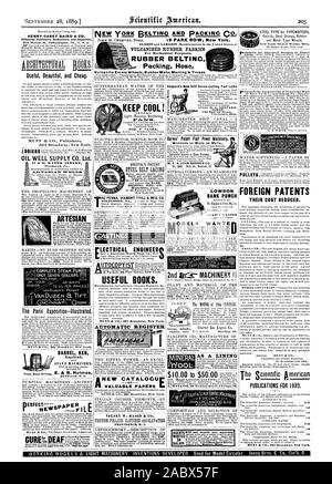 Älteste und größte Hersteller in den Vereinigten Staaten für mechanische Zwecke. Gummiriemen Verpackung Schlauch HENRY CAREY BAIRD & Co 810 Walnut St. Philadelphia Pa US A. ARCHITECTURkL Buch nützlich Schön und billig. Öl gut SUPPLY CO. LTD., 91 & 92 WATER STREET Pittsburgh PA. Der Pariser Exposition-Illustrated. BARREL FASS BUFFAL N.Y. Whispersboard deutlich. STEEL BELT LACING BRISTOL MFG. Co.Waterbury Anschl. ER PENNA. DIAMOND DRILL & MFG. Co.vorsehung. R.I. ORK CITY 2 B (b Maschinen Vi mineralische Wolle als Futter wolle Co.Cleveland, Ohio. $ 10.00 auf $ 50 RY EINE SPEZIALITÄT aus Stahl für Stockfoto