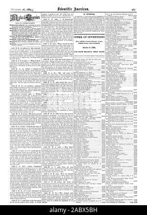 Für Erfinder. INDEX DER ERFINDUNGEN, für die Buchstaben Patent in den Vereinigten Staaten gewährt wurden und jedes Lager, dass Datum., Scientific American, 1889-10-26 Stockfoto