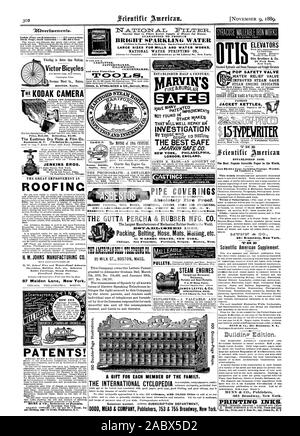 Victor Fahrräder BOSTON. Masse. TH4 KODAK Kamera Preis 825,00. Neuladen von 2,00. Die Eastman trockenen Platte & Film Co. Rochester N.Y.5 Oxford St. London. JENKINS BROS. 21 John Street New York. 105 Milk Street Boston. 21 North 5th Street Phila. 54 1) earborn Street Chicago. Bedachungen H. W. JOHNS MANUFACTURING CO Ummantelung Gebäude fühlte usw. Fußbodenbeläge Asbest Kessel Dampf Umschließungen Fire-Proof Farben usw. 87 Maiden Lane New York. Patente! MUNN & Co Solicitors ot Patente ELEVATORS Otis Brothers & Co 38 Park Row PATENT JACKE WASSERKOCHER nur 83,00 pro Jahr einschließlich Porto. Wöchentlich. 52 Zahlen es Jahr. in der Lage, t Stockfoto