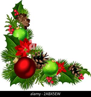 Vector Weihnachten dekorativer Eckhintergrund mit roten und grünen Kugeln, Tannenzweigen, Poinsettia-Blumen, Pineconen, Stechpalmen und Misteln. Stock Vektor