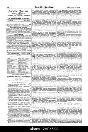 1845. Veröffentlicht wöchentlich an Nr. 361 BROADWAY NEW YORK. 0. D. MUNN. A. E. STRAND. Der Scientific American Supplement Gebäude Edition. Spanische Ausgabe des Scientific American. Inhalt. Inhaltsverzeichnis von Scientific American Supplement für die Woche Ende Januar 1890. Preis 10 Cent. Für Verkauf durch alle newsdealers. Seite NEW YORK ALS STANDORT FÜR MESSE DER WELT. Torpedoboot TESTS. Notizen., 1890-01-18 Stockfoto