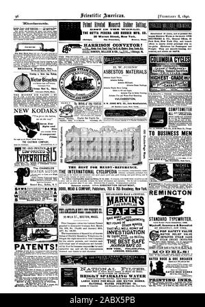 Farbe Riyolod Monarch Räuber Bollix. Die GUTTAPERCHA UND GUMMI MFG. Co.35 Warren Street New York. RN-HARRISON BAND! Der KRÄMER PATENTE! Eeemo=y H. W. JOHNS ASBESTMATERIALIEN VULCABESTON. H. W. JOHNS MFG. Co.alleiniger Hersteller 87 Malden Lane New York. 37 Jahren gegründet, und gegenwärtig sind die größten Aufzug funktioniert in der Welt. OTIS BROTHERS & Co Allgemeine Büros 38 Park Row New York City und Niederlassungen in fast jeder Auftraggeber Stadt auf dem Globus. Aufzüge für Passagiere und Fracht. Sie sind reibungslose eco COMPTOMETER Probleme mithilfe der Comptometer. Spart 40 Prozent Stockfoto