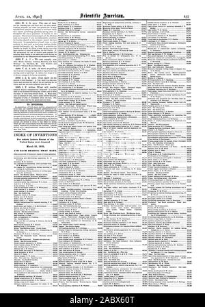 Für Erfinder. INDEX DER ERFINDUNGEN, für die Buchstaben Patent in den Vereinigten Staaten gewährt wurden und jedes Lager, dass Datum., Scientific American, 1890-04-12 Stockfoto