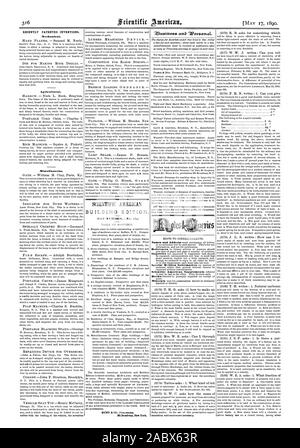 Vor kurzem patentierten Erfindungen. Mechanisch. Verschiedenes. Gebäude EDITION. Mai Zahl.-(Nr. 55.) MUNN & Co Verlage alle Broadway jetzt York., Scientific American, 1890-05-11 Stockfoto