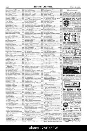 Eisenbahn elektrische Bentley kanadischen Patente können jetzt von der New York gewonnen werden. Andere ausländische Patente kann auch bezogen werden. 9 J{Dvertiviernento. Inside Seite Einfügungen. 75 Cent pro Zeile. Zurück Seite. jedem Einfügen - 81.00 eine Linie. Zu den BUSINESS MÄNNER 361 Broadway New York. MUNN & Co 361 Broadway New York. Es ist hart, dicht und Ad N.Y. Händler. Drehbank HAT IHR PATENT BEZAHLEN? - SEBASTIANMAY 8 bCO Power4 PMCX NC-TICM: BERGBAU VORTRIEB & Gewinnung von Steinen und Maschinen. INGERSOLL - SERGEANT ROCK DRILL CO Nr. 10 Park Place New York US A. KOMPRESSOREN BERGBAU & Tunnelbau und aller newsdealers. New York Stockfoto