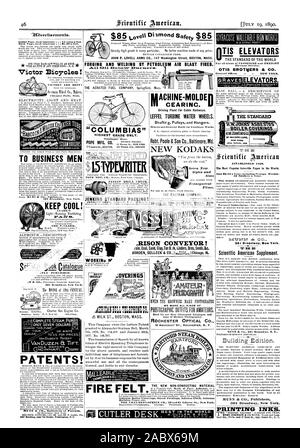 JOHN S. LOVELL WAFFEN CO 147 Washington Street Boston, Mass. Schmieden und Schweißen VON ERDÖL LUFTSTOSS Brände. Eine STAII SATE SAH wird Al ESTE.dat JENKINS STANDARD VERPACKUNG! Milch ST. BOSTON, Mass. Maschine - MOLDE fahren Anlage für Seilbahnen. LEFFEL TURBINE WASSERRÄDER. Shaftirg Riemenscheiben und Kleiderbügel. Neue kodaks SY MAIDEN LANE gegründet 1546. Der Host populäre Wissenschaftliche Papier in der Welt. 52 Nummern pro Jahr. in der Lage, T MVNN 464 CO 361 Broadway New York. 'Ich' IIM MUNN417. Co.361 Broadway N.Y Gebäude Edition. MUNN ein CO Verlage 361 Broadway New York. Druckfarben. Victor Fahrräder VICTORS Stockfoto