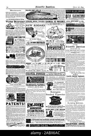 Maher & Grosh 40 S Street TOLED 00. Händler LIEBE NICHT UNS 9 ifb Inside Seite. jedem Einfügen: 5 Cent pro Zeile. Zurück Seite jedem Einfügen S 1,00 eine Linie. NICKEL GALVANIK M SERIAL PATENTE! MUNN & Co Solicitors von Patent JENKINS BROS. Ventile! Neue kodaks "CO-LU RI BIAS Der CHANDLER Standard Schreibmaschine Wyckoff Seamans & Benedikt 327 BROADWAY NEW YORK. 50 C... Clinton St. CHICAGO. Für alle Arten von Personen- und Lastenaufzug. OTIS BROTHERS & Co Allgemeine Büros. Gräber oilltMAG IC LATERNE gegründet 1846. Die populärsten wissenschaftlichen Papier in der Welt. 52 Nummern pro Jahr. Wissenschaftliche Stockfoto