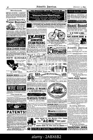 2. AUGUST 1890. 41 DIE BR OCEPOR HOLZ T1 HISHINC C Victor Fahrräder!' als Ersatz für Kohle und Koks. 100 Gallonen Öl gegen 2400 Pfund Kohle. Dampf! Dampf! Qualität Höhere Preis niedriger. B. W. PAYNE & Söhne Schublade 56. ELMIRA N.Y.1 iw DER GIRARD HYDRAULISCHE EISENBAHN. JOHN S. LOVELL WAFFEN CO 147 Washington Street Boston, Mass. AERICA TEPEE CO 95 MILCH ST. BOSTON, Mass. Patente! Dieses Unternehmen besitzt die Buchstaben Patent erteilt zu Alexander Graham Bell 7.März 1876 Nr. 174465 und Nr. 186787 zum 30. Januar 1877. Die Übertragung von Sprache durch alle bekannten Formen der Elektrischen sprechende Telefone in Fransen die Stockfoto