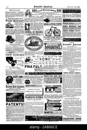 JOHN S. LOVELL WAFFEN CO 147 Washington Street Boston, Mass. 9.0Vertieements. In Pnrre. jedem Einfügen: 5 Cent aline. Rack Seite Einfügungen 61.00 eine Linie. Eine STAE RENNEN SAH, WIRD ALS 370 R Victor Fahrräder! Sieger sind die besten! Chicopee fällt Mass Elektrizität Licht und Wärme. Neue VICTOR Nr. 0 NEUE KODAKS MUNN & Co Solicitors von Patentis Aluminium - BESCHREIBUNG DER Barnes' Foot-Power Maschinen CHEMISCHE EISMASCHINEN Dampf- und Riemen Maschinen zu 700 Pfund Eis in Zwanzig - vier Stunden. Fuß West 13 Street New York. Die HARTFORD SICHERHEIT DIE BESTEN 8100 Fahrrad. Einstellbar auf alle Leuchten. Stockfoto