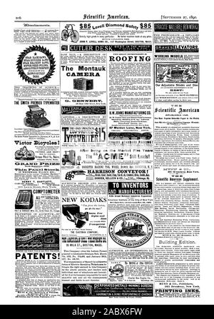 JOHN S. LOVELL WAFFEN CO 147 Washington Street Boston, Mass. "30. I. DIE SMITH PREMIER SCHREIBMASCHINE Victor Fahrräder! Die montauk KAMERA DIE - NUR. Praktisch & ('LIMITER H. W. JOHNS MANUFACTURING CO 87 Maiden Lane New York. Die Erfinder [ND HERSTELLER 59th Grand National Industrieausstellung Patente! Grit. A.1 VI) PLIZM HENRY T. BARTLETT COrTFETER Aufzüge. Gräber citutific merlon ay=M 361 Broadway New York. Druckfarben. STAR HALTERUNG SÄGEN absolut PERFEKT NIE EINREICHUNG STERNE METZGER SÄGEN, Nachdem der Markt fünf Jahre HARRISON BAND! JENKINS STANDARD VERPACKUNG! HARRINGTON & König Stockfoto