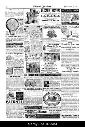 Senden Otis Brothers & Co 38 Park RowNew York BRISTOL AUFNAHME MANOMETER DAMPF WASSER GAS Luftdruck. Versichert NIEDRIGEN PREIS SIEGER WERDEN AM BESTEN ICH ELEKTROMOTOREN Crocker-Wheeler Motor Co 430 West 14 St. New York. Perfektioniert MOTOR' etwas Neues in Belting LEY WIRE BELT CO. Alle Biber fällt Victor Fahrräder DAS FORUM. Die erste Überprüfung der Obersten Sub DAS FORUM NEW YORK. NICKEL GALVANIK GERÄTE MATERIAL NEWARKN. J. 92 LIBERTY ET. Patente! Zelte etc. Die Wächter verbesserte Zeit Detektor AERICANIELL TIMER CO.s H. W. JOHNS AVVESTO. Sq BODENBELÄGE 87 MAIDEN LANE NEW YORK. LONDON Stockfoto