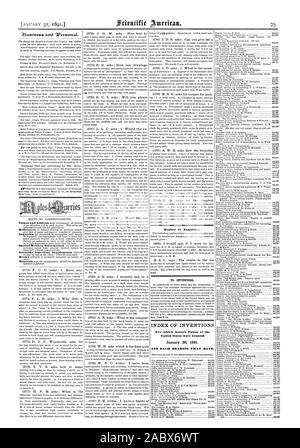 Für Erfinder. INDEX DER ERFINDUNGEN, für die Buchstaben Patent des 20. Januar 1891. Und jedes Lager, dass Datum., Scientific American, 1891-01-31 Stockfoto