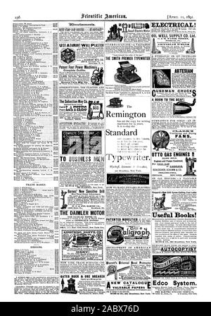 LA KOCHEN sagen Maschinen Seneca Falls Mfg. Co. Die Sebastian-May Co.Power 165 bis 167 Highland Ave. SIDNEY OHIO. Die Daimler Motor die Daimler Motor Co Gas oder Benzin Motoren Office East 14th Street New York City. 31 EIMSEAT: K GATES ROCK & ERZ LEISTUNGSSCHALTER DER SMITH PREMIER der Schreibmaschine Remington Standard Schreibmaschine. Elektrische! Pittsburgh PA EIN SEGEN FÜR DIE TAUBEN! Shepard's New $ 60 Screw-Cutting Fuß Drehmaschine eine nützliche Bücher! Verwenden Sie UNVERRÜCKBAR WANDPUTZ Otis Hart, dicht und Ad309E.Genesee st. Syrakus. N.Y. KOMPLETTE DAMPF PUMPE ZU BUSINESS MEN 361 Broadway New York. Neue CATALOCU der wertvollen Papiere Stockfoto