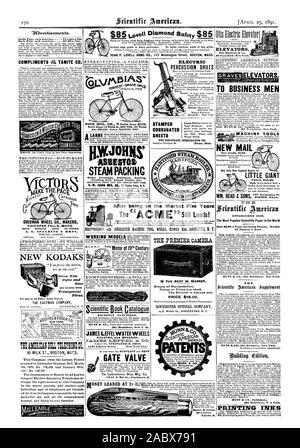 Modelle kürzlich veröffentlicht. Motoren und Kessel. 0a Liberty Street New York City. Schieber 9.0Vertioements. Komplimente TITE TANITE CO 95 MILCH ST. BOSTON MA'S. Die erste Kamera ist die beste auf dem Markt. Einfache der Manipulation. Platten oder Filme verwendet. Der Verschluss ist immer gesetzt. Preis $ 18.00.za S. Wasser St. Rochester. New Yorker Agentur. Für 361 Broadway.  ATER Illtt 30 Kor I CIASCATCOMMIL "CO" ABCOUr "THAM:: EIN EL WEND CO EFR OVERMAN WHEEL CO. ENTSCHEIDUNGSTRÄGER CHICOPEE FÄLLT. CHICAGO. NEW YORK. PHILADELPHIA. Neue kodaks Stilen und Größen transparenten Folien. 0 BUSINESS MEN Otis Eloctric Eloyalor Stockfoto