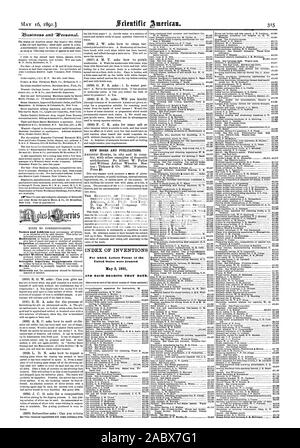 Neue BÜCHER UND PUBLIKATIONEN. INDEX DER ERFINDUNGEN, für die Patentschriften der Vereinigten Staaten zum 5. Mai 1891 und jedes Lager, dass Datum., Scientific American, 1891-05-16 gewährt wurden Stockfoto