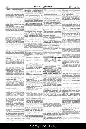 Vor kurzem patentierten Erfindungen. SCIENTIFIC AMERICAN GEBÄUDE EDITION. Mai NUMMER (Nr. 67.) alle newsdealers. e 3. istsinees anb" Persönlich. Anfragen zu beantworten., 1891-05-11 Stockfoto