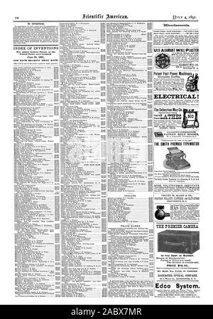 INDEX DER ERFINDUNGEN, für die Patentschriften der Vereinigten Staaten am 23. Juni 1891 UND JEDES LAGER DIESEM DATUM gewährt wurden. Marken. Inside Seite jedem Einfügen 75 Cent eine Linie der PREMIER KAMERA IST DIE BESTE AUF DEM MARKT. Preis US $ 18.00. Wir alle Arten von Kameras. 14 S. Wasser St. ROCHESTER N.Y. Ed co-System. Die ELEKTR DYNAMISCHE UNTERNEHMEN ADAMANT WANDPUTZ 309 E. Genesee St. Patent Fuß macht Maschinen komplette Outfits. Elektrische! Die Sebastian-May Co. Pw er 165 bis 167 Highland Ave. SIDNEY OHIO. PATENT HAKEN DIE SMITH PREMIER SCHREIBMASCHINE ROSE polytechnischen Institut Terre Hauteindlana.-A Stockfoto