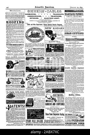 SIEMENS + KABEL. U-BOOT+TELECRAPH UNDERCROUND + TELEFON INNEN+ elektrische Licht. SIEMENS&VON DER EDISON GENERAL ELECTRIC CO. Kabel und Draht Abteilung Edison General Electric Company EDISON GEBÄUDE Broad St. NEW YORK FIALSKE. Aufzüge. 9. J. Overtisemeniz. CP 4'. Co (begrenzte) Beaver Falls PA 45000 verkauft. Die Ilendey Mach. Co.Torrington Anschl. Katalog kostenlos. Ave, Chicago. Factory HARTFORD, CONN NEUE KODAKS DIE EASTMAN COMPANY MACHT HAMMER. Benutzer von diesem hammer uns in 95 MILCH ST unterstützen. BOSTON, Mass. Verzahnen gegründet 1846. Die populärsten wissenschaftlichen Papier der Welt nur Stockfoto