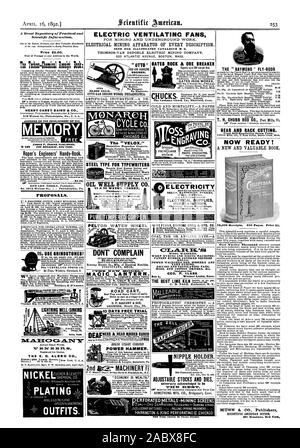 16. APRIL 1892. e0 Hersteller eine große Sammlung von praktischen und wissenschaftlichen Informationen. Tho Tochno-Chomical Roolipt Buch. HENRY CAREY BAIRD & Co. INDUSTRIELLE VERLEGER BUCHHÄNDLER IMPORTEURE SPEICHER pädagogische Werke der oben gesendet wird LO alle Bewerber der Roper Ingenieure Handy-Book. EDWARD RIEEKS Verlag Vorschläge. Ich Die CLEVELAND STONE CO. Wenn wir Sie beliefern können. Alle Größen auf Lager gehalten. Erinnern Sie sich, dass wir eine montiert und unmontiert immer machen, um die Ecke von John und Holländischen Sts. dieser Stadt; wo wir haben mehr Platz und bessere Einrichtungen für unsere Arbeit. Büro Nr. 2 Niederländisch Stockfoto