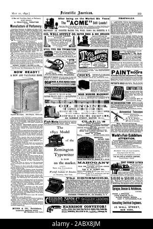 CEO. S. cLARK Windsor Locks Anschl., L. GERÄUSCHLOSEN DREHSCHALTER LÜFTER. Backus Wasser Motor Co Newark NEW JERSEY USA TEAK für Yachten spanischer Zeder FÜR TANKS usw. Die E.D. ALBRO CO (Mühlen Cincinnati 0.) jagen. Jede andere. Höchsten Standard. Land von Männern hatten 15 Jahre Erfahrung auf dem Typ DENSMORE SCHREIBMASCHINE CO 202 Broadway N.Y. E L LU LO ICH D ZAP0N HARRISON Förderband gesteuert erfunden! Hanfing Gehirn Kohle Sand Lehm Tan Rinde Asche Erze Samen Ac., Scientific American, 1892-05-21 Stockfoto