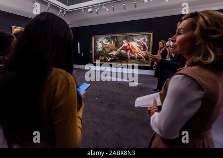 London, Großbritannien. 29 Nov, 2019. Studio von Sir Peter Paul Rubens, Diana und ihre nymphen Jagd, Öl auf Leinwand, 1636, Schätzung, £ 300.000-500.000 - Sotheby's eine Vorschau Ihrer alten Meister Abend Verkauf, der am 4. Dezember in London stattfindet. Credit: Guy Bell/Alamy leben Nachrichten Stockfoto