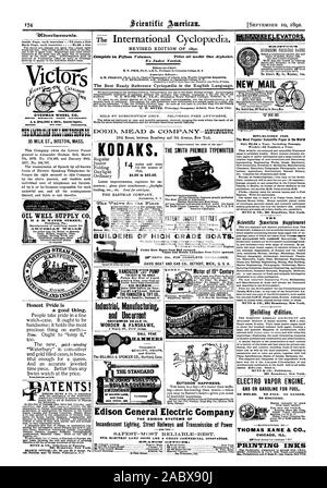 200 bis 12000 Gallonen pro Stunde. VT die VANDUZEN TIFT CO.102 bis 1085. Zweite St. Cincinnati 0. Edison General Electric Company die EDISON SYSTEME DER Glühlampen Straße Eisenbahn und der Übertragung von Energie industrielle Fertigung und Unc aktuelle BALL SICHERN HÄMMER unerreicht in Qualität, Form und hängen. Die BILLINGS&SPENCER CO Hartford Anschl. PATENT JACKE WASSERKOCHER DER SMITH PREMIER SCHREIBMASCHINE wichtige Verbesserungen. TEL. STANDARD ILVEJOHRSIIME. 87 MAIDEN LANE PATENTIERTES IM FREIEN GLÜCK. 15 Erste Straße 1892 Scientific American Inc., 92-09-10 Stockfoto