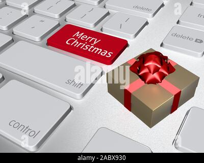 Computer keabord und die Eingabetaste, um mit "Frohe Weihnachten!" in Geschenkbox neben, 3D-Illustration und geschrieben Stockfoto