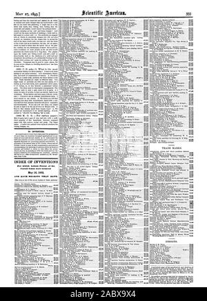 Für Erfinder. INDEX DER ERFINDUNGEN, für die Patentschriften der Vereinigten Staaten am 16. Mai 1893 gewährt wurden, Scientific American, 1893-05-27 Stockfoto