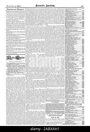 Für Erfinder. INDEX DER ERFINDUNGEN, für die Patentschriften der Vereinigten Staaten am 24. Oktober erteilt wurden, Scientific American, 1893-11-04 Stockfoto