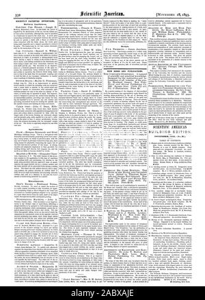 Vor kurzem patentierten Erfindungen. Neue BÜCHER UND PUBLIKATIONEN. NOVEMBER 1893, Scientific American, 1893-11-11 Stockfoto