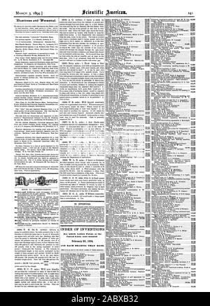 Für Erfinder. INDEX DER ERFINDUNGEN, für die Patentschriften oi die Vereinigten Staaten am 20. Februar 1894 gewährt wurden, Scientific American, 1894-03-03 Stockfoto