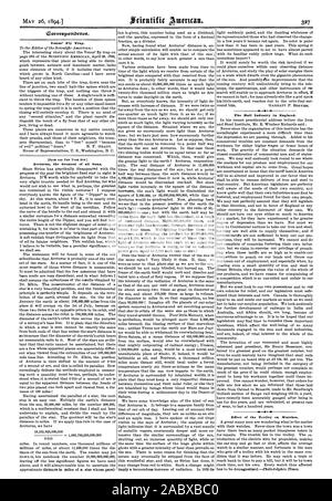 26. Mai 1894.1 Correeporthence. Venus "Falle Fliegen. (Von der NEW YORK SUN. Arcturus die größte aller Sonnen. Die Halle Industrie in England. Wirkung der Katze auf Uhren., Scientific American, 1894-05-26 Stockfoto