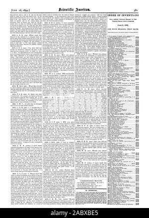 Kommunikation erhalten. Für Erfinder. INDEX DER ERFINDUNGEN, für die Buchstaben Patent in den Vereinigten Staaten gewährt wurden und jeder hörte, dass Datum., Scientific American, 1894-06-16 Stockfoto