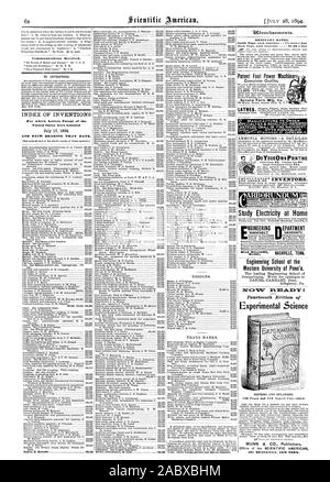 Kommunikation erhalten. Für Erfinder. INDEX DER ERFINDUNGEN, für die Buchstaben. Patent der Vereinigten Staaten waren DESIGNS gewährt. Marken. Und Studie Strom zu Hause NOINEERING IEPARTMENT VANDERBILT Ökonom Engineering School der Universität im Westen von Penn' ein. Die führenden Engineering School von Pennsylvania. Schreiben für Katalog t DANIEL CARHART Dekan Allegheny Pa. vierzehnte Auflage der experimentellen Wissenschaft überarbeitet und erweitert. MUNN & Co Verleger Motor K. Moseield 525128 normale Preise. Patent Fuß macht Maschinen PECIALTIES & NEUHEITEN - patentierte AMMONIAK MOTOREN. - EINE AUSFÜHRLICHE Stockfoto