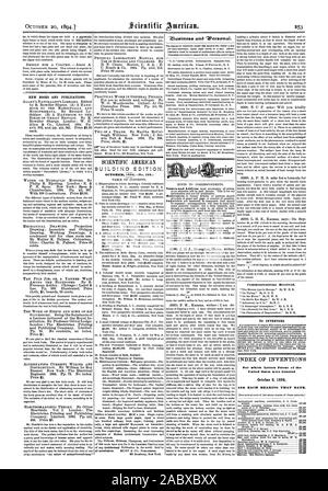 Oktober 20 1894.1 NEUE BÜCHER UND PUBLIKATIONEN. Oktober 1894.- (Nr. Ich 08.) Mitteilungen erhalten. Die ERFINDER INDEX DER ERFINDUNGEN, für die Lettere Patent der Vereinigten Staaten am 9. Oktober 1894 und jedes Lager, dass Datum., Scientific American, 1894-10-20 gewährt wurden Stockfoto