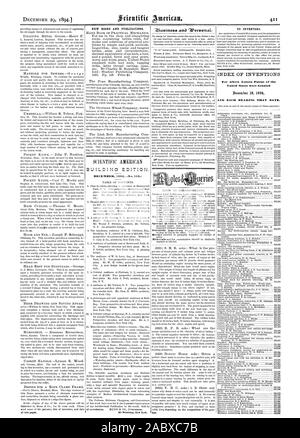 Neue BÜCHER UND PUBLIKATIONEN. Gebäude EDITION. Dezember 1894.- (Nr. 0.) "Ziuziness und "Persönlich". Für Erfinder. INDEX DER ERFINDUNGEN, für die Buchstaben Patent in den Vereinigten Staaten gewährt wurden und jeder hörte, dass Datum., Scientific American, 1894-12-29 Stockfoto